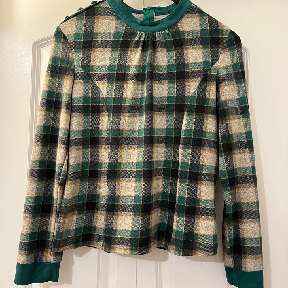 Vintage Green and Black Plaid Blouse with Button shoulder detail and zipper back